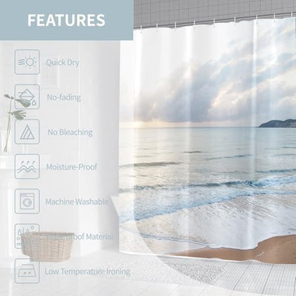 Ocean Beach Coastal Sea Scene Shower Curtain for Bathroom 72W*72H Inch Seaside Nautical Summer Beachy Landscape Sand Bathtub Decor Waves Seacoast Hawaiian Aesthetic Waterproof Polyester Fabric