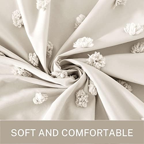 Siiluminisoy Boho Farmhouse Beige Shower Curtain, 72 x 72 Tufted Pleat Floral Puffs Textured Modern Farmhouse Minimalist Shower Curtain Set with Hooks for Bathroom