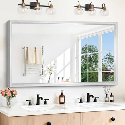 30x55 Silver Bathroom Mirror, Brushed Silver Rectangular Mirror for Wall, 0.6" Thickened Deep Frame Mirrors for Bathroom Sink, Shatterproof Tempered Glass, Antirust, Horizontally or Vertically