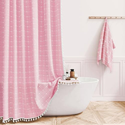 BTTN 72x78 Boho Farmhouse Linen Heavy Duty Fabric Shower Curtain Set, Pink