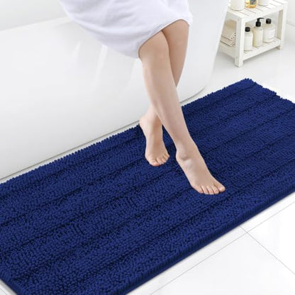 Grandaily Chenille Striped Bathroom Rugs 70x24, Extra Thick and Soft Absorbent Bath Mats, Rubber Backing, Plush Shaggy Shower Carpet, Machine Wash Dry, Bath Rug for Bathroom, Navy Blue