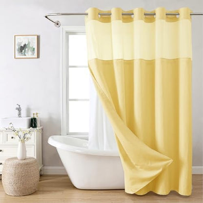 eachope No Hook Linen Texture Shower Curtain with Snap-in Liner,71x80 Gold