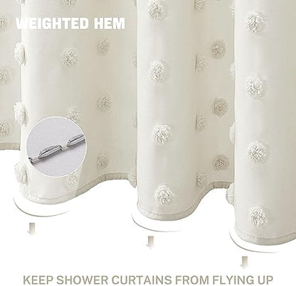 Extra Long Boho Farmhouse Cream Shower Curtain Woven Fabric 84 Inch Ivory Shower Curtain, 72 x 84 Tufted Pleat Floral Puffs Textured Modern Minimalist Ivory Shower Curtain Set with Hooks for Bathroom