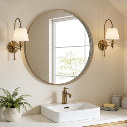 WallBeyond Round Wood Mirror, 32" Round Modern Decoration Large Circle Wall Mirror for Bathroom Living Room Bedroom Entryway, Honey