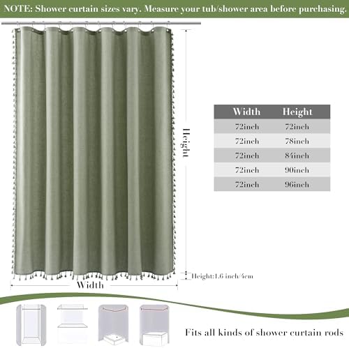 Nanspring Extra Long Sage Green Boho Linen Shower Curtain 96 Inch Length Neutral Faux Linen Simple Tassel Hotel Style Cloth Bath Curtain Set with Hooks Vintage Country Decor for Bathroom 72x96, Green