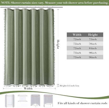Nanspring Extra Long Sage Green Boho Linen Shower Curtain 96 Inch Length Neutral Faux Linen Simple Tassel Hotel Style Cloth Bath Curtain Set with Hooks Vintage Country Decor for Bathroom 72x96, Green