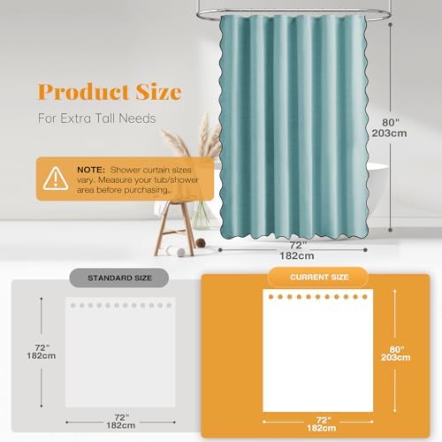 BTTN 72x80 Boho Scalloped Linen Textured Cloth Shower Curtain Set, Teal