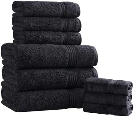 Superior Egyptian Cotton 9-Piece Towel Set, Assorted Towels for Home Bathroom, Guest Bath Decor Essentials, Includes 3 Bath, 3 Hand, 3 Face Towels/Washcloths, Quick Dry, Absorbent - Black