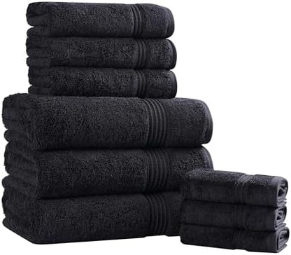 Superior Egyptian Cotton 9-Piece Towel Set, Assorted Towels for Home Bathroom, Guest Bath Decor Essentials, Includes 3 Bath, 3 Hand, 3 Face Towels/Washcloths, Quick Dry, Absorbent - Black