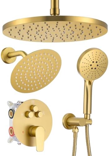 Woindo Shower Faucet Set 10" Rain Shower Head/8'' Side Shower Head and 3 Setting Handheld Ceiling Mount 3 Push Button Diverter Complete Rainfall Round Shower System Included Valve Trim Kit
