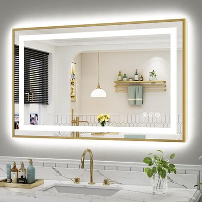 48x30 Inch LED Bathroom Mirror with Gold Frame, Backlit & Front Lit