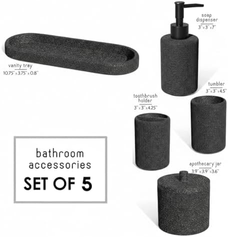 Clara Clark Bathroom Set - Coal Black Bathroom Accessories Set, 5PC Bathroom Accessory Set, Bathroom Sets with Soap Dispenser, Toothbrush Holder, Tumbler, Cotton Swab Jar & Vanity Tray