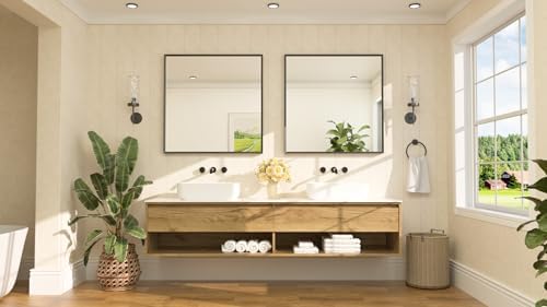 TETOTE Black Framed Mirror for Bathroom Vanity 36" x 36" Matte Black Rectangle Beveled Frame Wall Mirror for Over Sink, Tempered Glass, Modern Farmhouse Bedroom, Entryway, Living Room