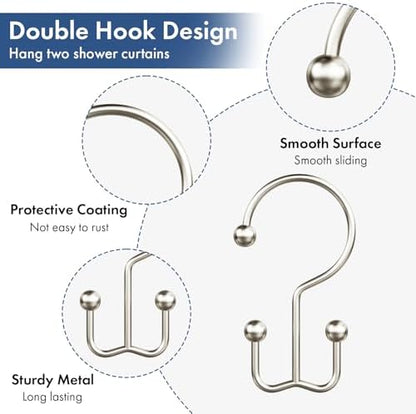 Bathway Shower Curtain Hooks Matte Nickel Shower Curtain Rings, 12 Pcs Double Hook Shower Curtain Hooks Rings Shower Curtain Hangers Rust Proof, Metal Shower Hooks for Bathroom Shower Curtain Rod