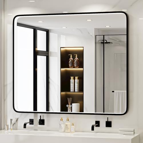 LED 43x36 Inch Lighted Bathroom Mirror,Black Frame,3 Color