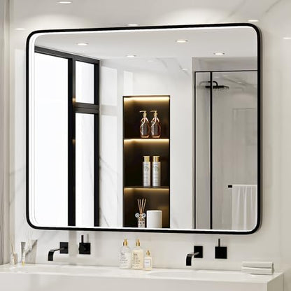 LED 43x36 Inch Lighted Bathroom Mirror,Black Frame,3 Color