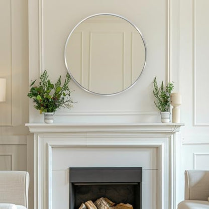24 inch Silver Circle Mirror, Round Mirror, Brushed Nickel, Chrome