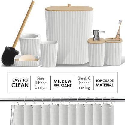 Clara Clark Bathroom Accessories Set - 27PC Bathroom Set with Adhesive Corner Shower Caddy Hanging, Bathroom Sets with Shower Curtain and Rugs, White Shower Curtain Set with Bathroom Trash Can