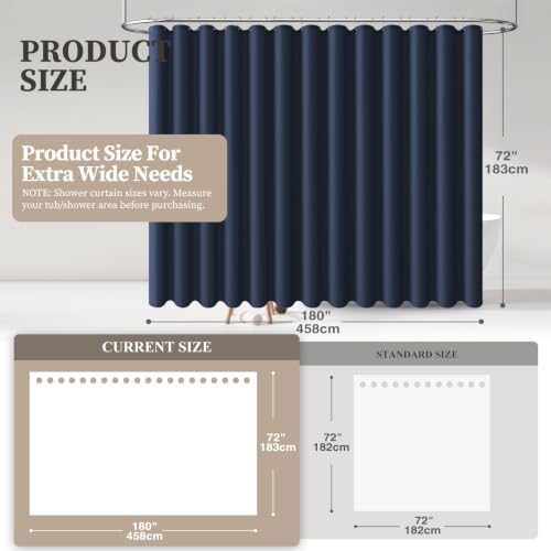 BTTN 180x72 Linen Textured Waterproof Fabric Shower Curtain Set, Navy Blue