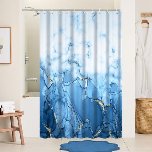 Light Blue Marble RV Stall Waterproof Shower Curtain 60x72 inches