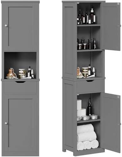Shintenchi Tall Bathroom Storage Cabinet, Slim Corner Floor Cabinet with Doors and Drawer, Freestanding Narrow Bathroom Organizer with Adjustable Shelves for Small Space, Gray