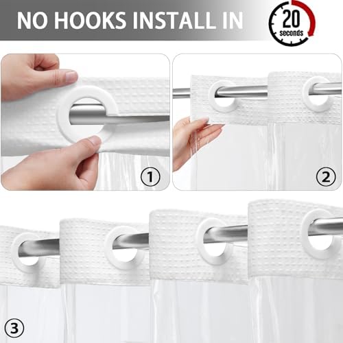 No Hook Shower Curtain with Liner Hotel Waffle EVA Window White 72W X 75L