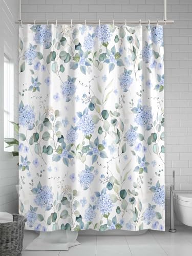 Shower Curtain Bathroom Set Summer Watercolor Blue Hydrangea Waterproof Fabric Shower Curtains with Grommets&Hooks Pastoral Eucalyptus Leaf Privacy Bath Curtain for Bathtub Decor 72x72IN