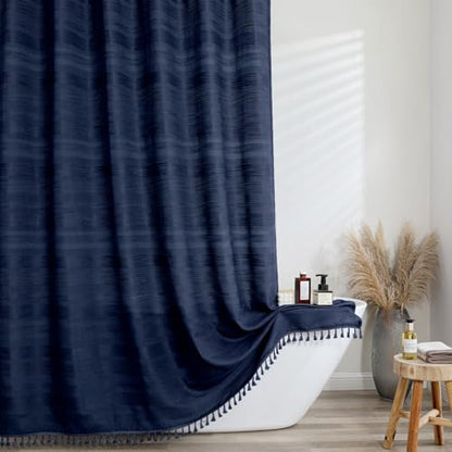 OVZME Extra Long Boho Shower Curtain 84 Inch Long, Modern Farmhouse Heavy Duty Linen Textured Soft Fabric, Rustic Country Cloth Shower Curtain with Tassel for Bathroom Hotel, 72Wx84L, Navy Blue