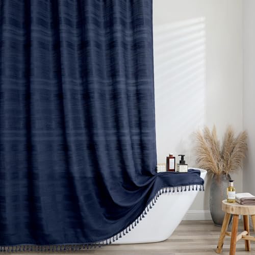 OVZME Extra Long Navy Blue Shower Curtain 96 Inch Long, Boho Linen Textured Soft Fabric Heavy Duty Cloth Bathroom Shower Curtain with Tassel, Tall Farmhouse Luxury Bath Decor, 72Wx96L Inches