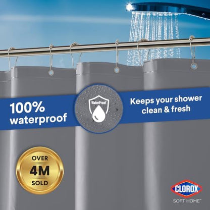Clorox Shower Curtain Liner, Premium Colored Medium-Weight Durable Waterproof 6g PEVA for Bathroom with Weighted Magnets, Standard Size 72" x 72", Grey