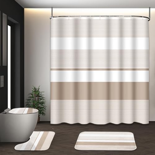 Bathroom Sets with Shower Curtain and Rugs, 4 Pcs, Abstract Striped