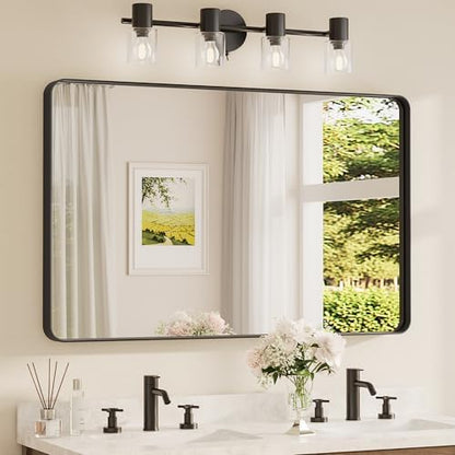 TETOTE 48 x 30 Inch Bathroom Mirror, Matte Black Modern Metal Frame Rectangle Wall Mounted Vanity Mirror (Horizontal/Vertical)