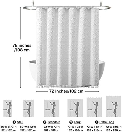 Extra Long White Textured Woven Fabric Boho Shower Curtain with Tassels 72 x 78 Modern Farmhouse Minimalist, Tufted Chevron Striped Shabby Chic, Water Resistant Cloth Curtain for Bathroom, Hotel Decor