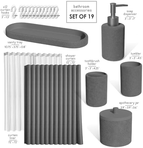 Clara Clark Bathroom Set - Grey Bathroom Accessories Set, 19PC Bathroom Accessory Set, Bathroom Sets with Shower Curtain Set, Soap Dispenser & Toothbrush Holder