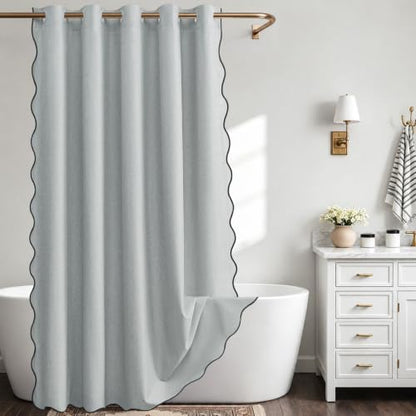Furlinic Dusty Blue No Hook Scalloped Waterproof Shower Curtain 72x96 Linen