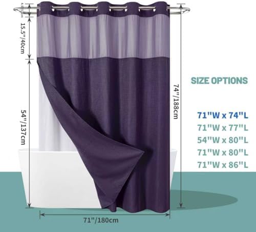 eachope No Hook Waffle Shower Curtain with Snap-in Liner, 71x74 Inch,Purple