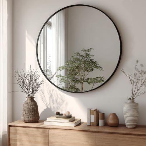 Sunniry Big Round Mirror 40 inch, Black Circle Mirror, Matte Metal Frame