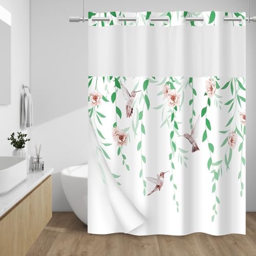 WITHLOC No Hook Floral Shower Curtain with Liner, Green Pink, 71x74