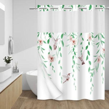 WITHLOC No Hook Floral Shower Curtain with Liner, Green Pink, 71x74
