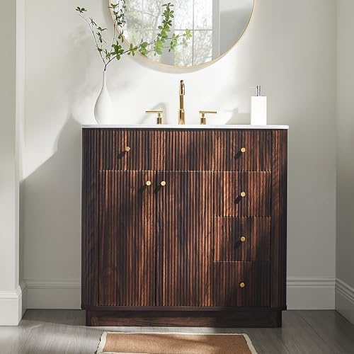 T4TREAM 36" Fluted Bathroom Vanity with Single Sink, Dark Walnut