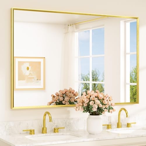 TETOTE Brushed Gold Bathroom Mirror for Over Sink 55" x 36" Large Brass Gold Beveled Framed Rectangular Vanity Mirror for Bathroom, Bedroom, Entryway, Living Room, Tempered Glass, Stronger Frame