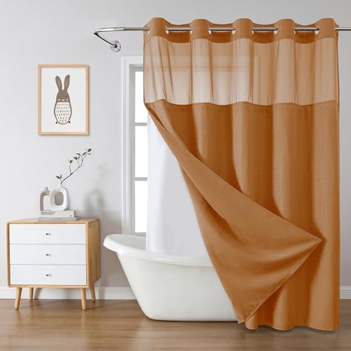 No Hook Waffle Shower Curtain with Snap-in Liner, 71x74 Inch, Burnt Orange