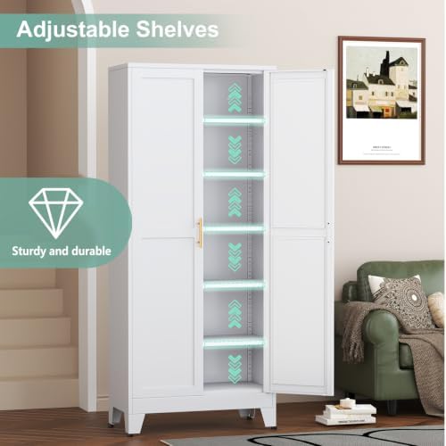 Metal Pantry Cabinet with 2 Doors and 5 Adjustable Shelves, 75"Kitchen Storage cabinets with Gold Handles, Versatile Storage for Laundry Room, Living Room, Bathroom, Dinning Room, Utility Room-White