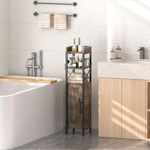 VECELO Small Bathroom Cabinet, Slim Toilet Paper Holder with Door&2 Shelves Metal Racks, Narrow Storage Organizers, Free Standing Farmhouse Style for Bathroom Restroom Tiny Space,Dark Brown