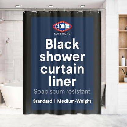 Clorox Shower Curtain Liner, Premium Medium Weight Flexible Waterproof 6g PEVA for Bathroom with Weighted Magnets, Standard Size 72" x 72", Black 1 Pack
