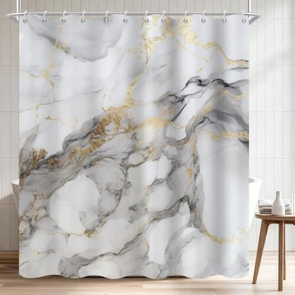 Grey Marble Shower Curtain Modern Abstract Luxury Gold Ink Texture Gray Ombre Watercolor Bathroom Curtain Set with Hooks Soft and Lightweight Waterproof Fabric Machine Washable 72" Wx72 L