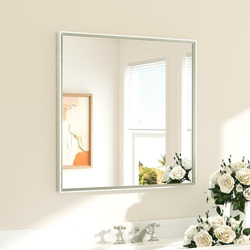 TETOTE Brushed Nickel Bathroom Mirror for Over Sink 30" x 30" Brushed Nickel Beveled Framed Rectangle Vanity Mirror for Bathroom, Bedroom, Entryway, Living Room, Tempered Glass, Stronger Frame