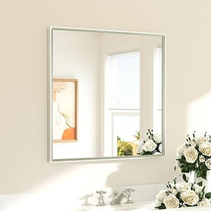 TETOTE Brushed Nickel Bathroom Mirror for Over Sink 30" x 30" Brushed Nickel Beveled Framed Rectangle Vanity Mirror for Bathroom, Bedroom, Entryway, Living Room, Tempered Glass, Stronger Frame