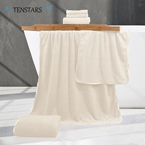 TENSTARS Luxury Silk Hemming Towel Set - Light Thin Quick Drying - 2 Bath Towels 2 Hand Towels 2 Washcloths - Ultra Soft Microfiber Towel for Bath Fitness, Sports, Yoga, Travel (Cream 6 Pieces)