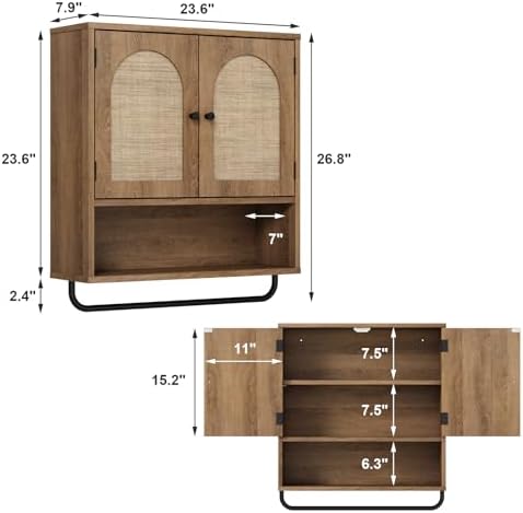 RUSTOWN Rattan Bathroom Wall Cabinet, Boho Medicine Cabinet with 2 Doors